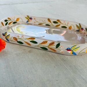 Vintage Hand-Painted Floral & Bird Glass Tray Vanity Makeup Cosmetics Organizer